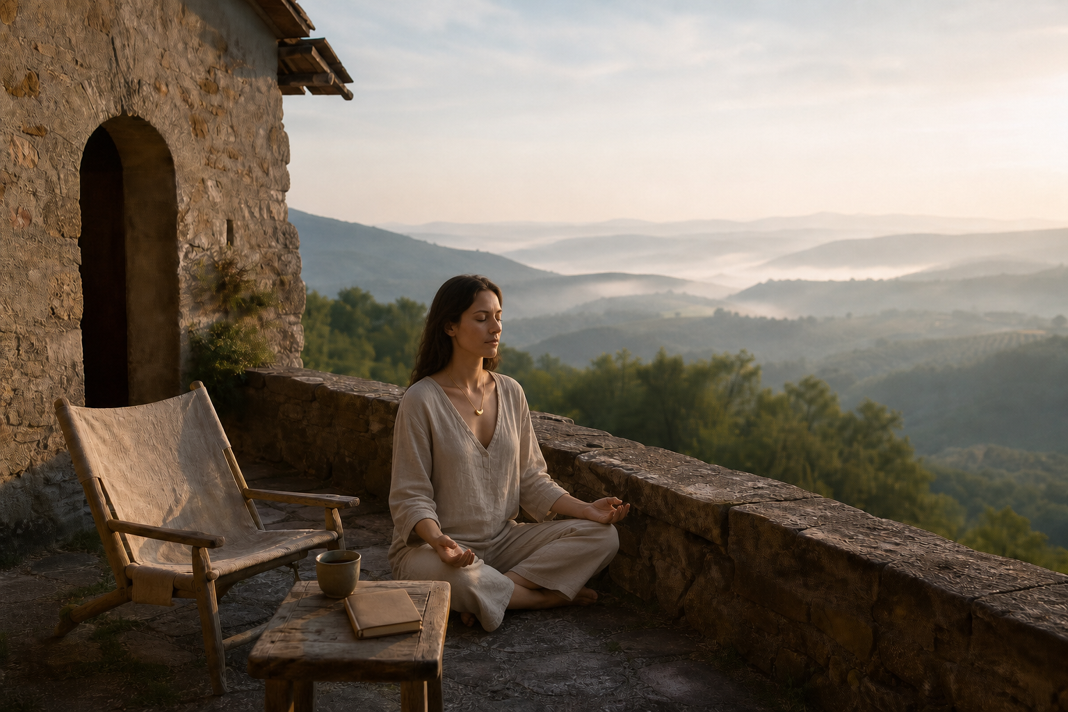 A woman meditating on an Umbrian terrace while wearing the ResinTea Gold Irregular Oval Pendant Necklace