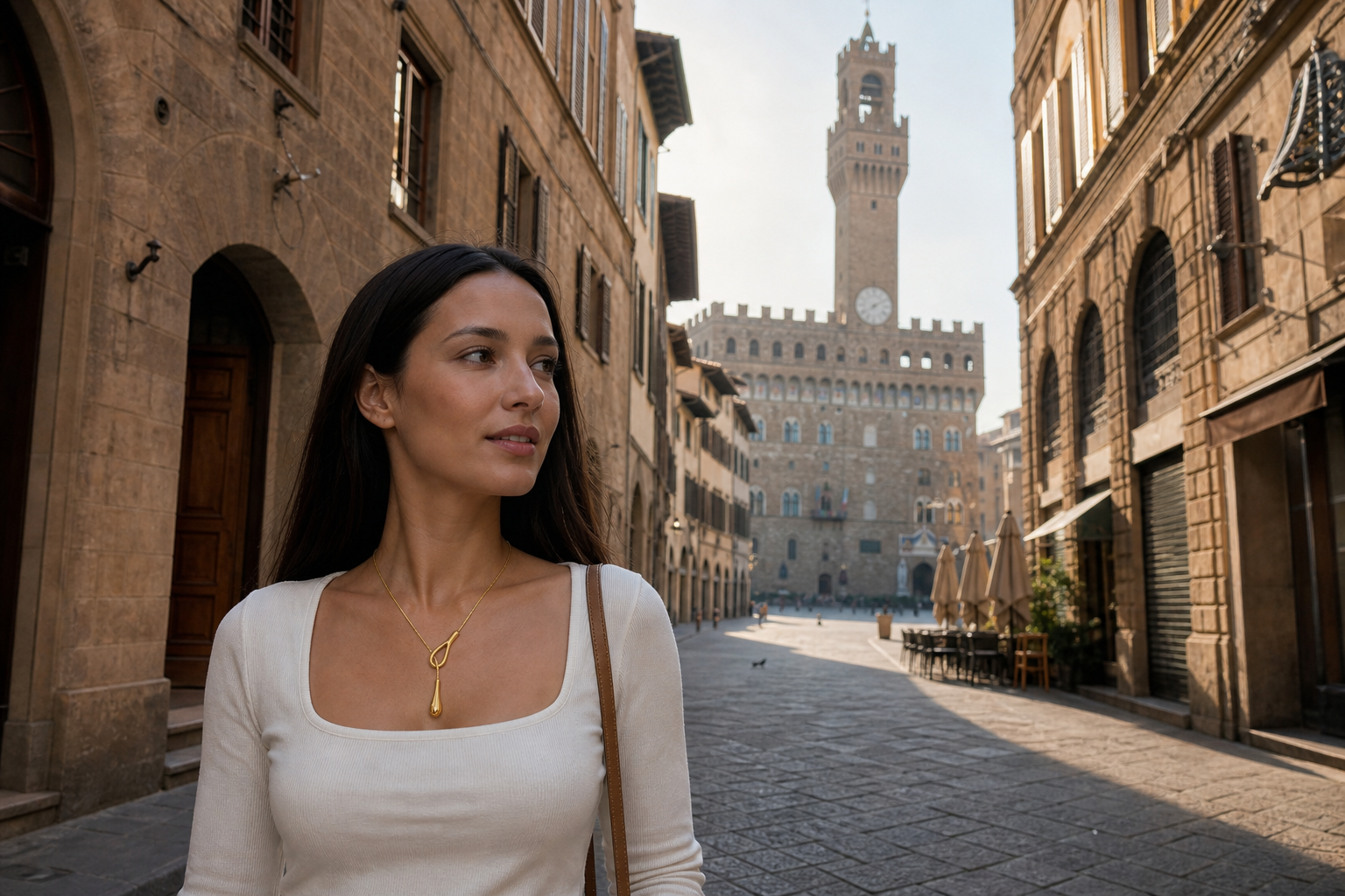 Traveler walking through central Florence wearing a sculptural gold waterdrop necklace