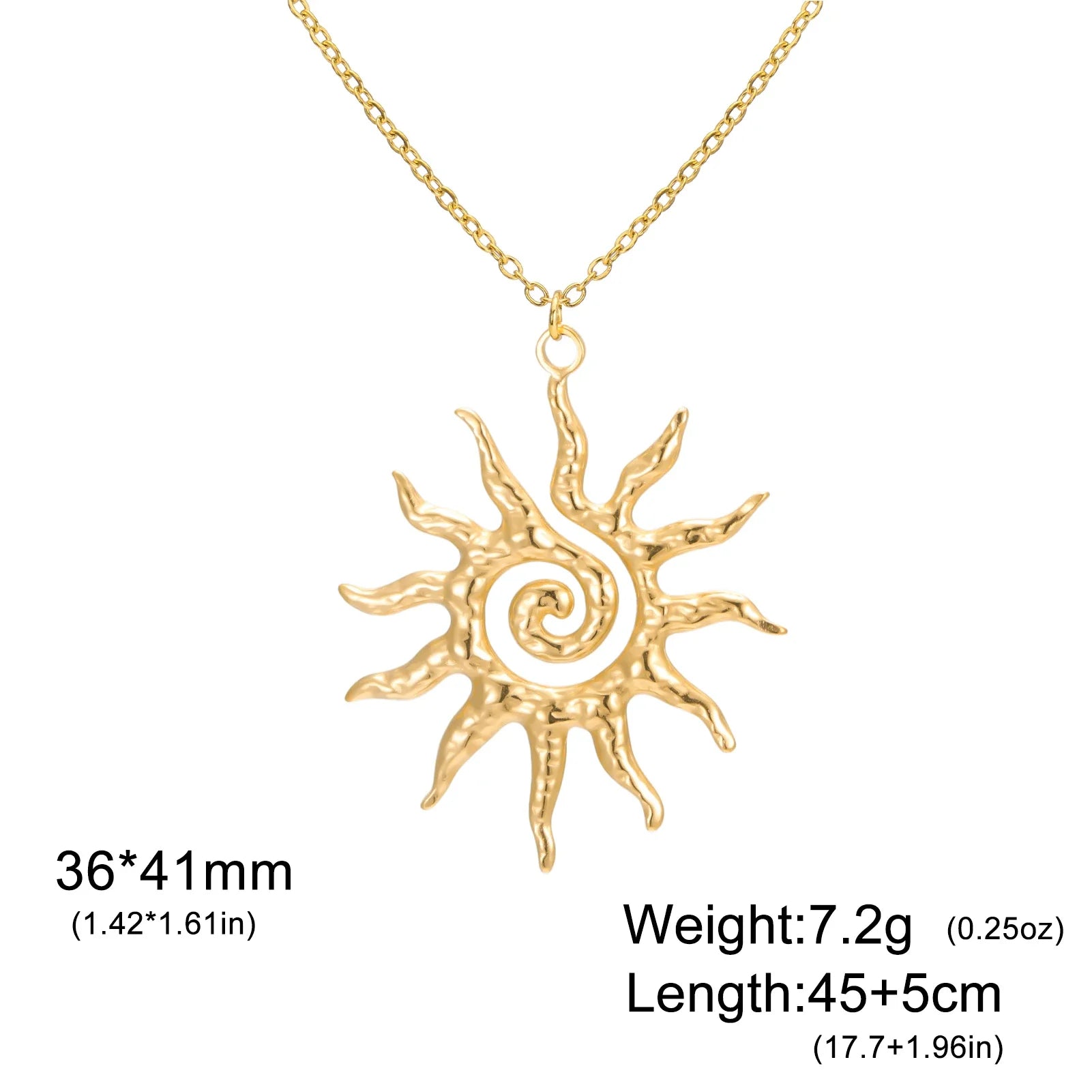 Original dimensions and weight image for gold spiral sun necklace