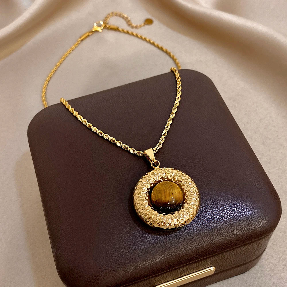Hammered Tiger-Eye Disc Pendant Necklace