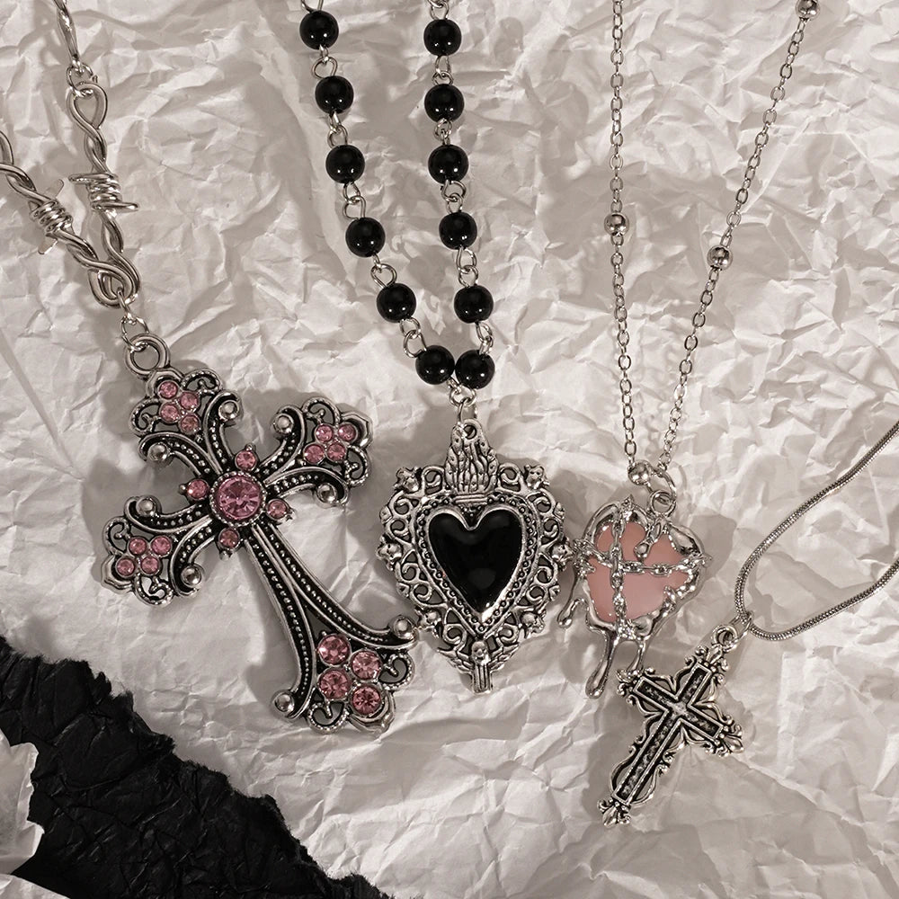 Y2K Heart & Cross Pendant Necklace