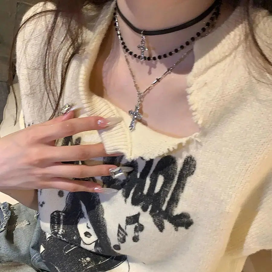Layered Y2K Cross & Bead Necklace