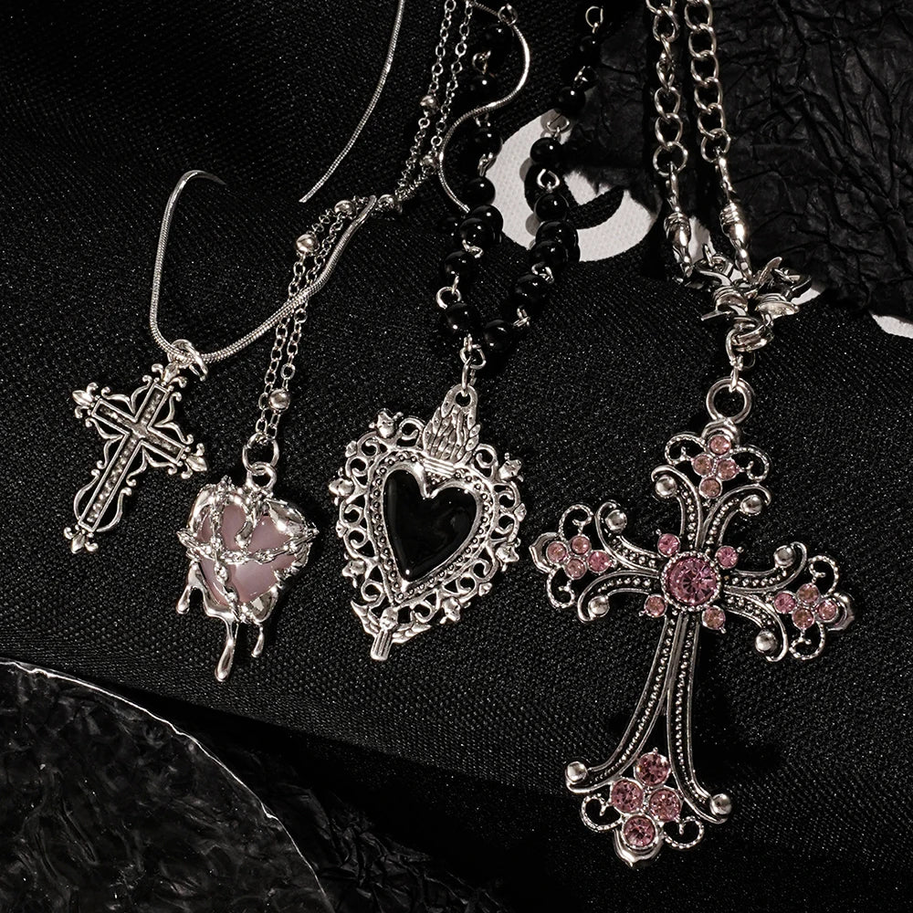 Y2K Heart & Cross Pendant Necklace