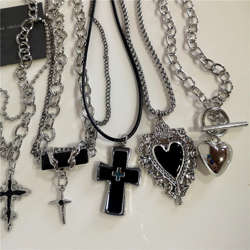 Y2K Punk Heart & Cross Pendant Necklace