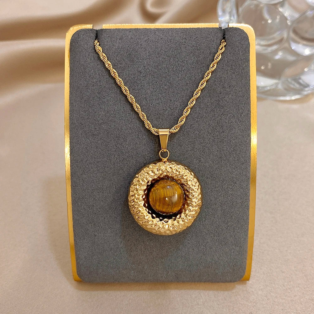 Hammered Tiger-Eye Disc Pendant Necklace