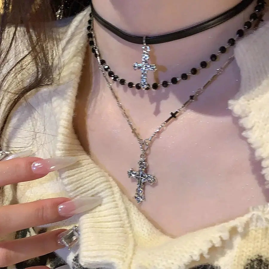 Layered Y2K Cross & Bead Necklace
