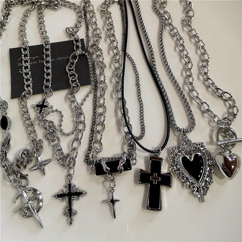 Y2K Punk Heart & Cross Pendant Necklace
