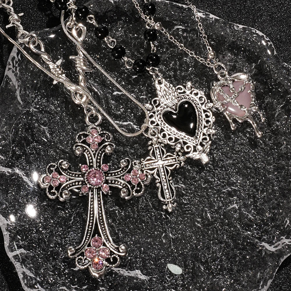 Y2K Heart & Cross Pendant Necklace