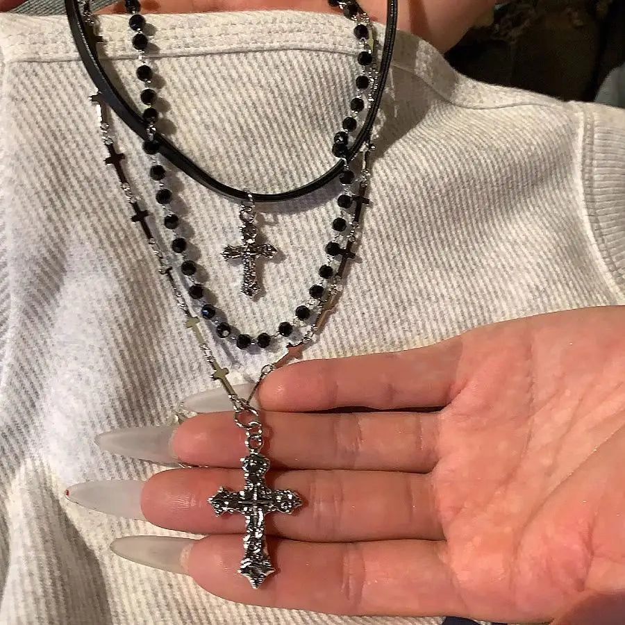 Layered Y2K Cross & Bead Necklace