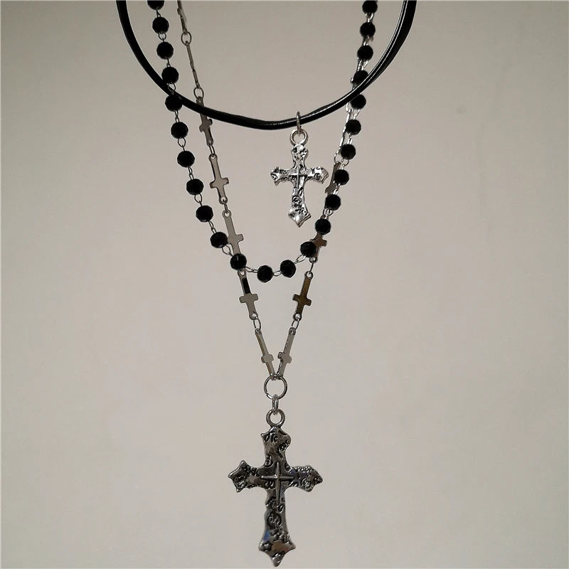 Layered Y2K Cross & Bead Necklace