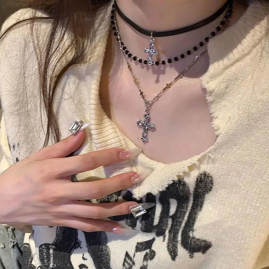 Layered Y2K Cross & Bead Necklace