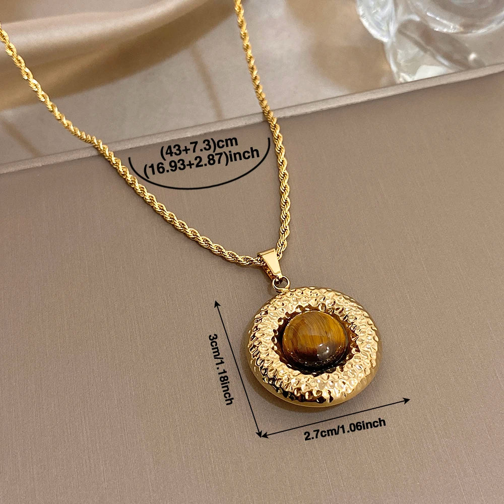 Hammered Tiger-Eye Disc Pendant Necklace