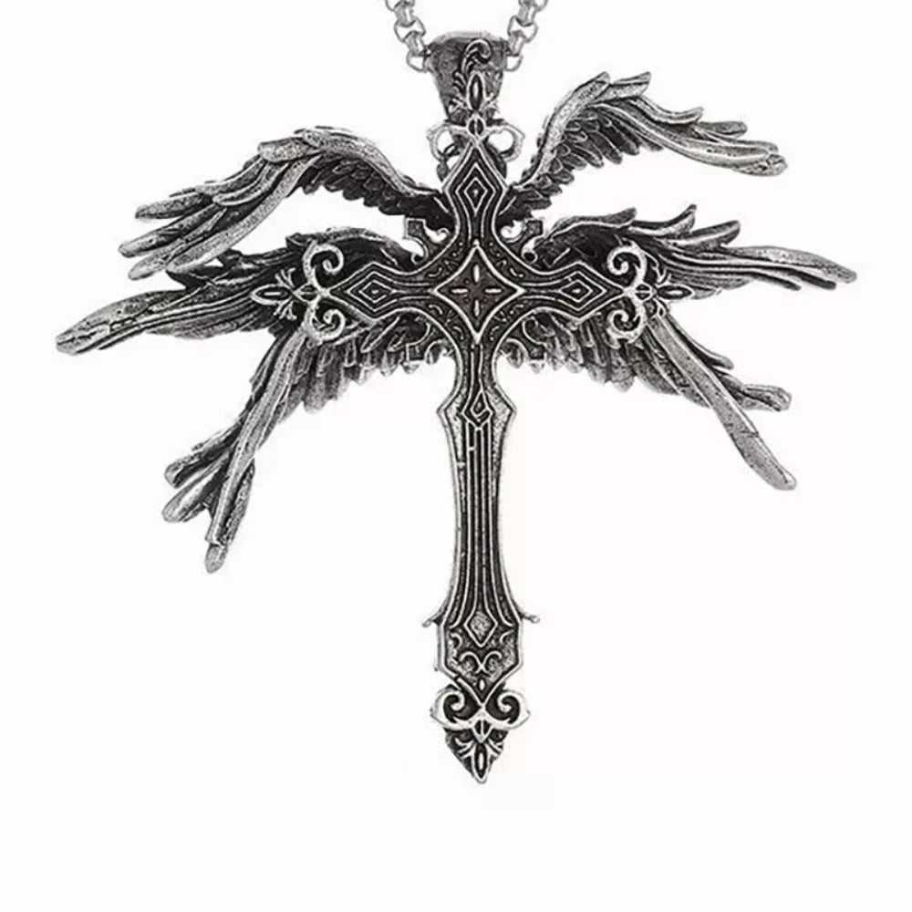 Gothic Winged Cross Pendant Necklace
