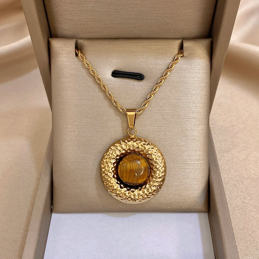 Hammered Tiger-Eye Disc Pendant Necklace