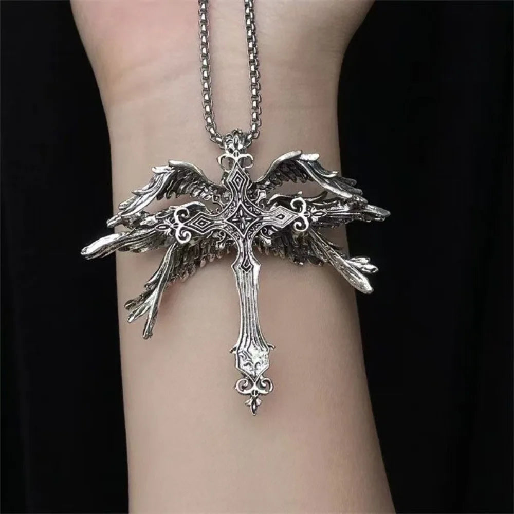 Gothic Winged Cross Pendant Necklace