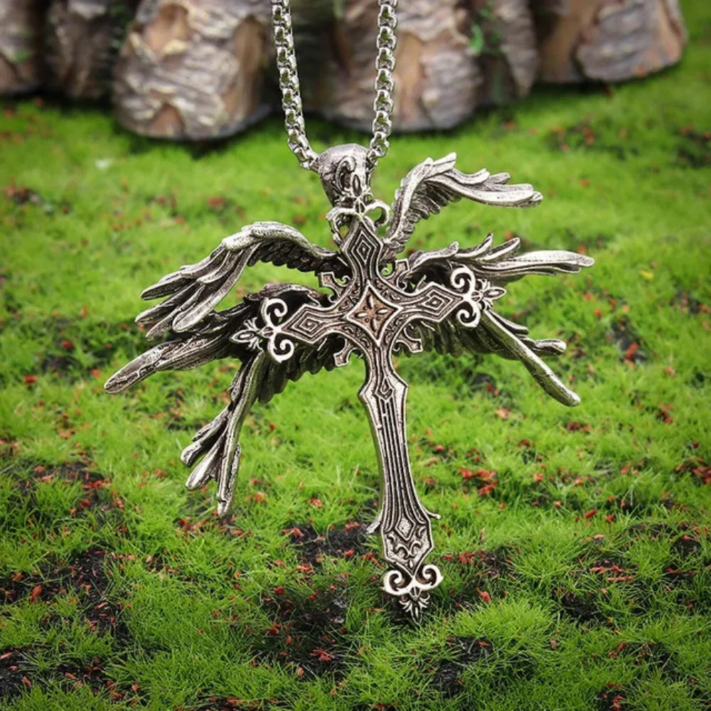 Gothic Winged Cross Pendant Necklace