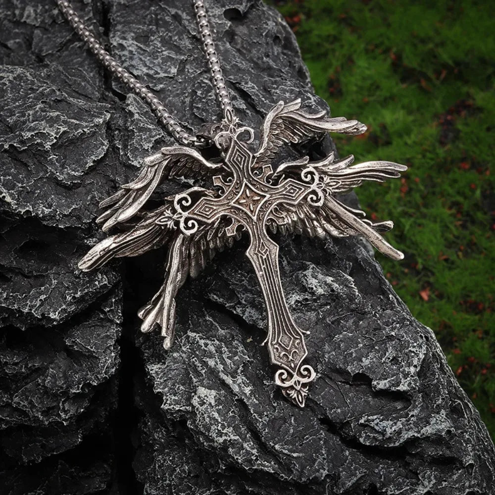 Gothic Winged Cross Pendant Necklace