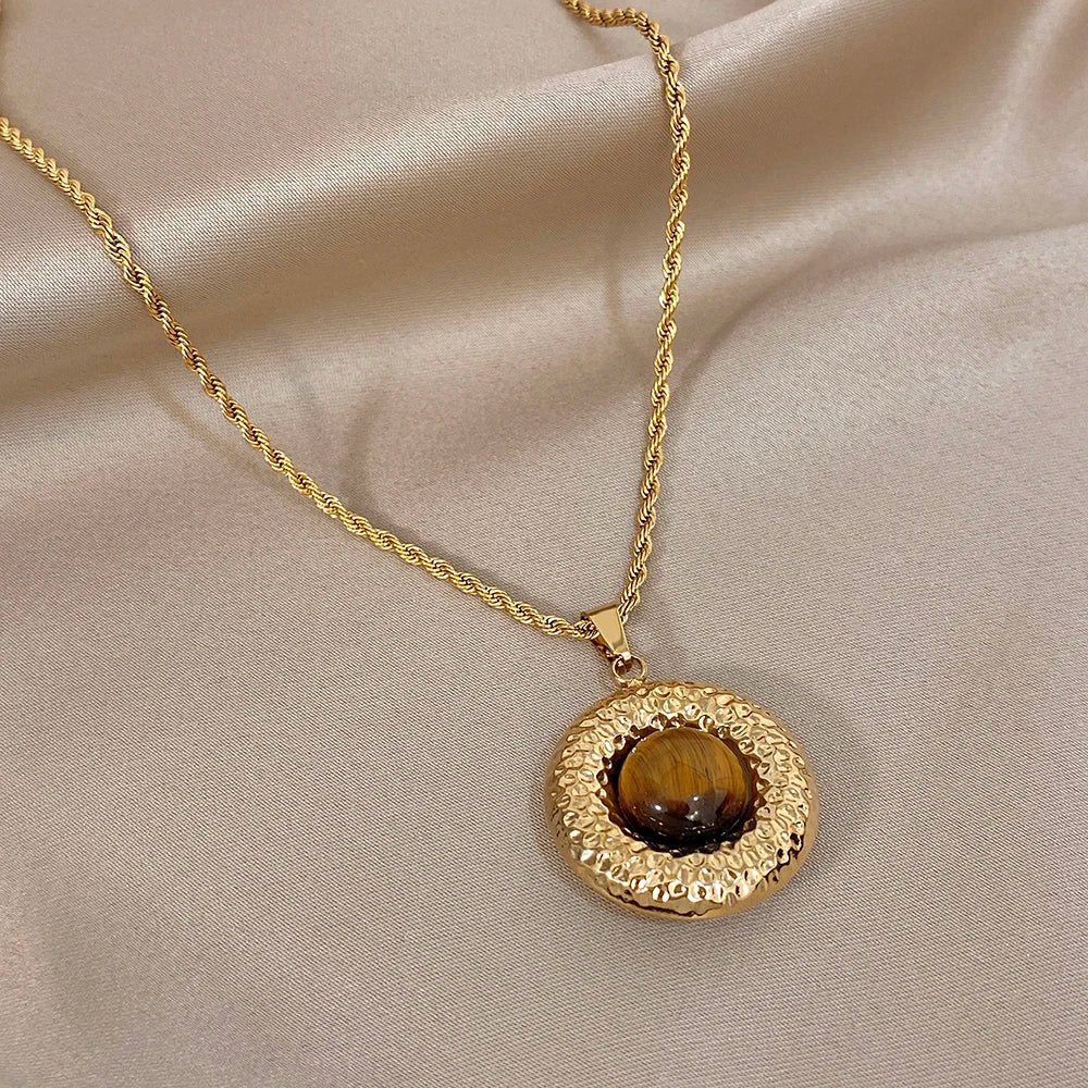 Hammered Tiger-Eye Disc Pendant Necklace