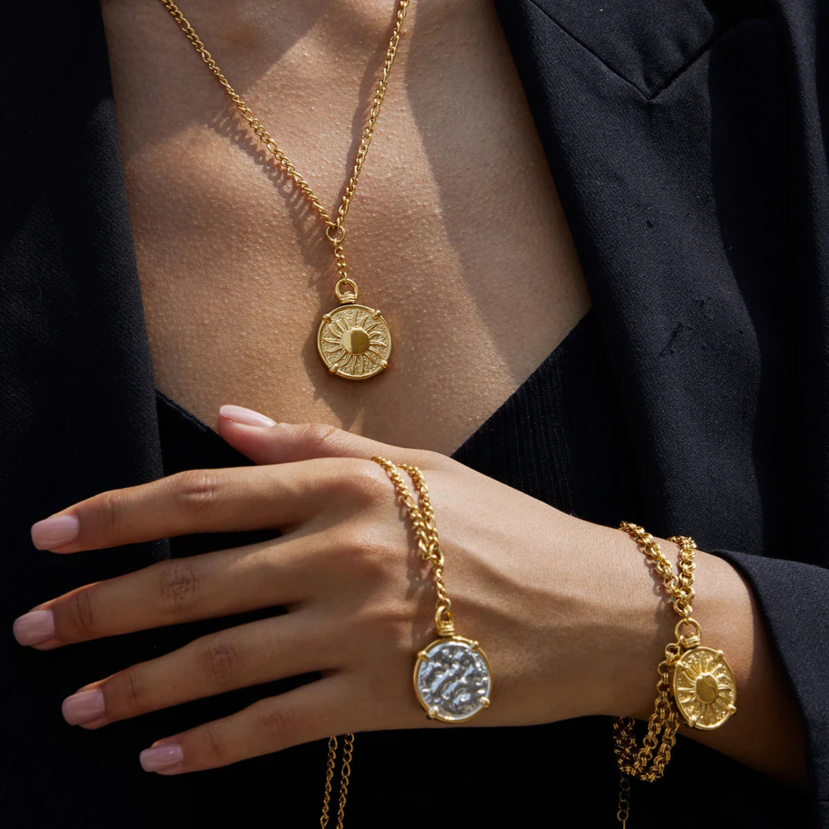 Original styled view of hammered antique gold coin pendant necklace
