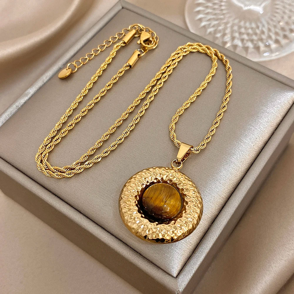 Hammered Tiger-Eye Disc Pendant Necklace