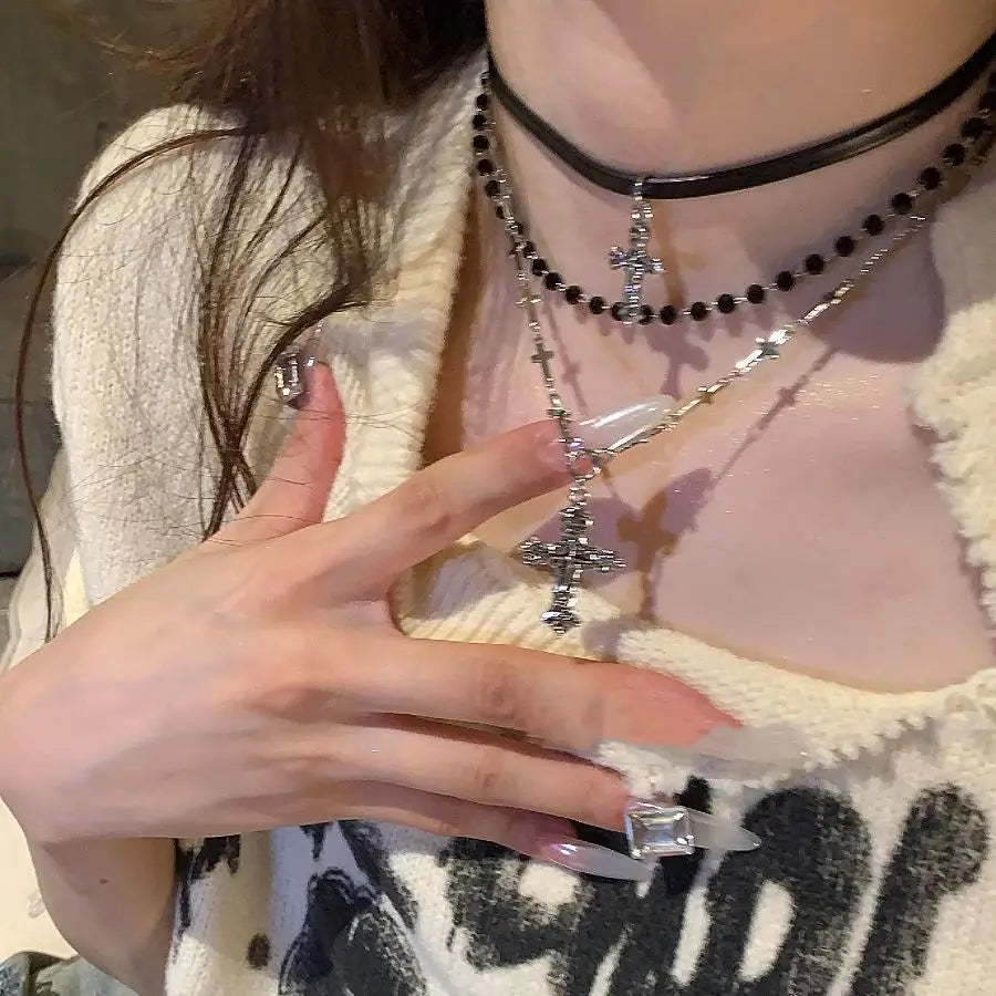 Layered Y2K Cross & Bead Necklace