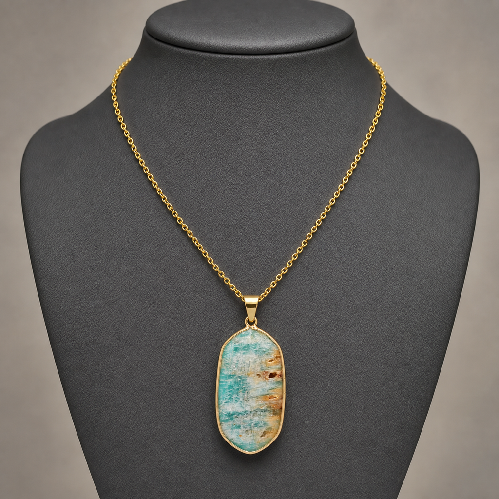 Amazonite geometric pendant on charcoal jewelry bust