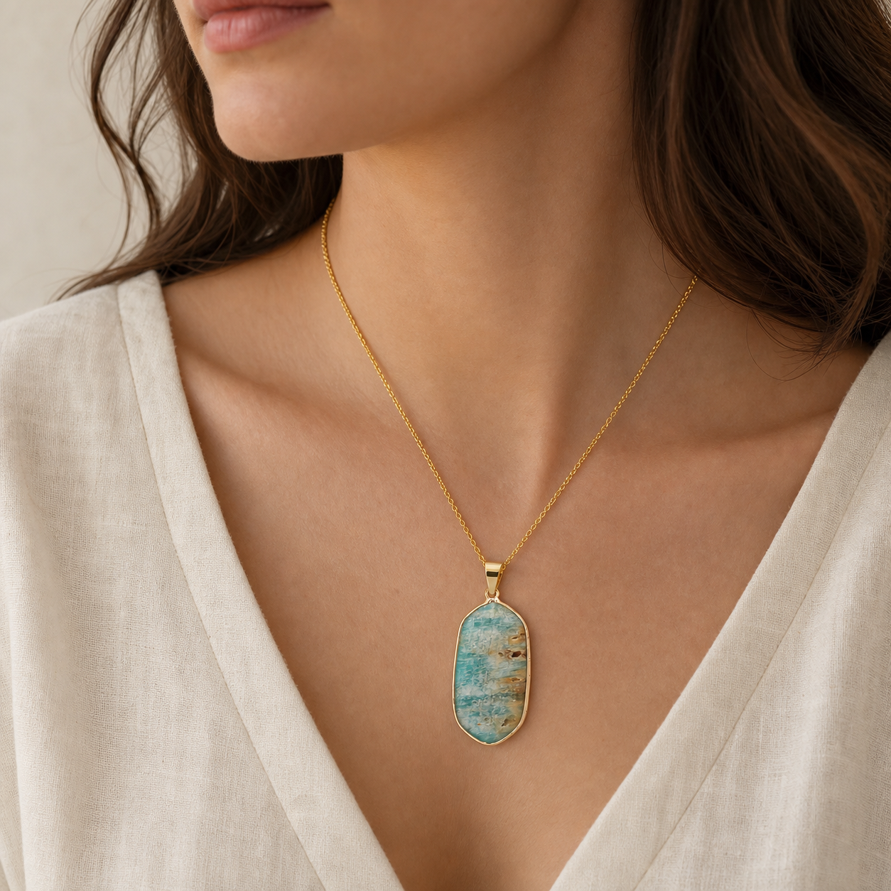 Amazonite geometric pendant necklace on model