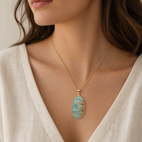 Amazonite geometric pendant necklace on model