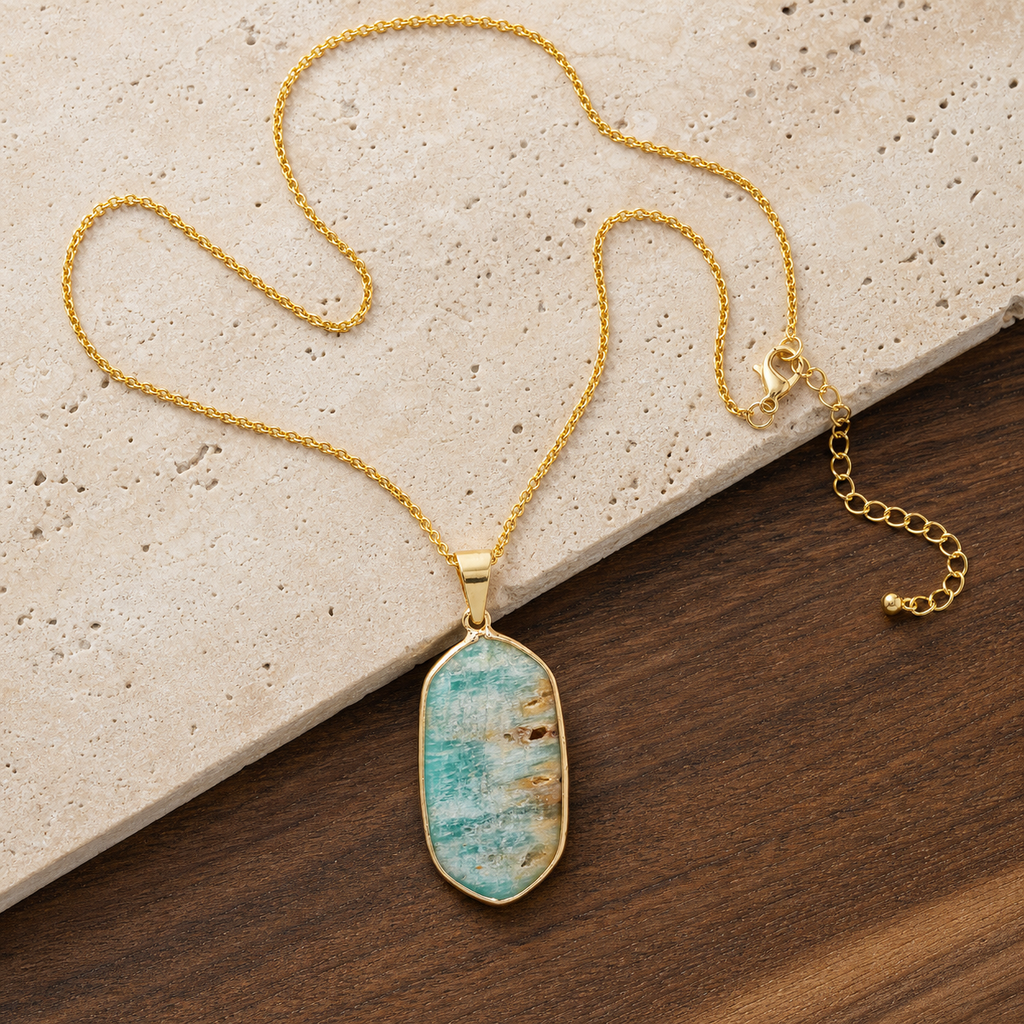 Amazonite geometric pendant flat lay