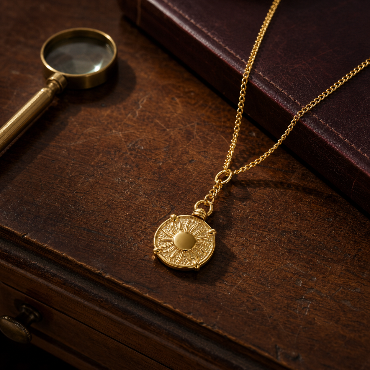 Hammered antique gold coin pendant necklace on an archival walnut desk