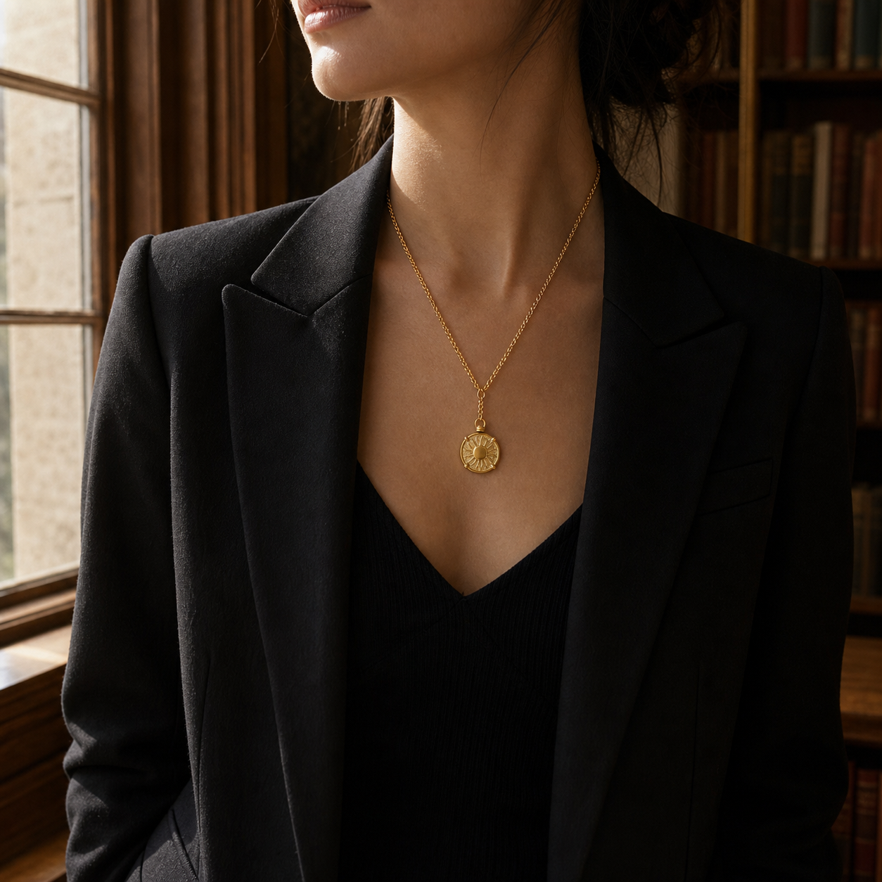 Hammered antique gold coin pendant necklace worn in a library setting