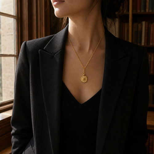 Hammered antique gold coin pendant necklace worn in a library setting