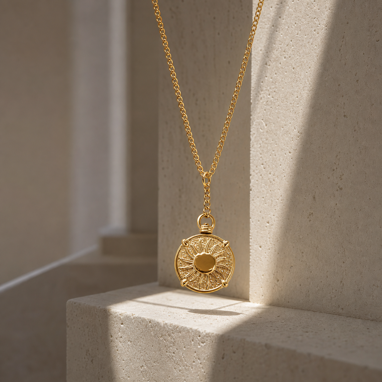 Hammered antique gold coin pendant necklace against limestone architecture