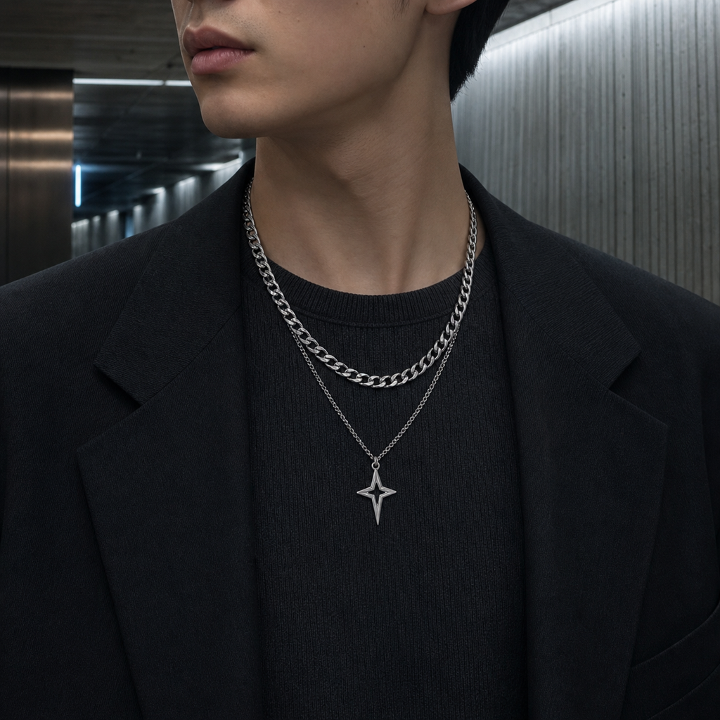 Silver double-layer Cuban star necklace worn in a modern gallery