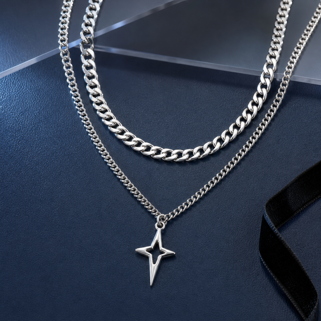 Silver double-layer Cuban star necklace on steel-blue leather