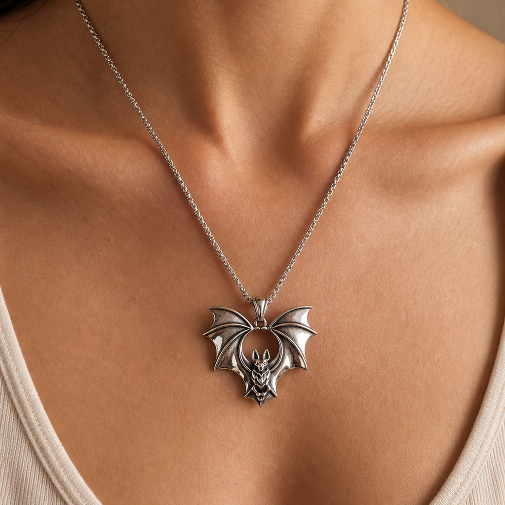 Shiny silver flying bat pendant necklace shown at scale on a model