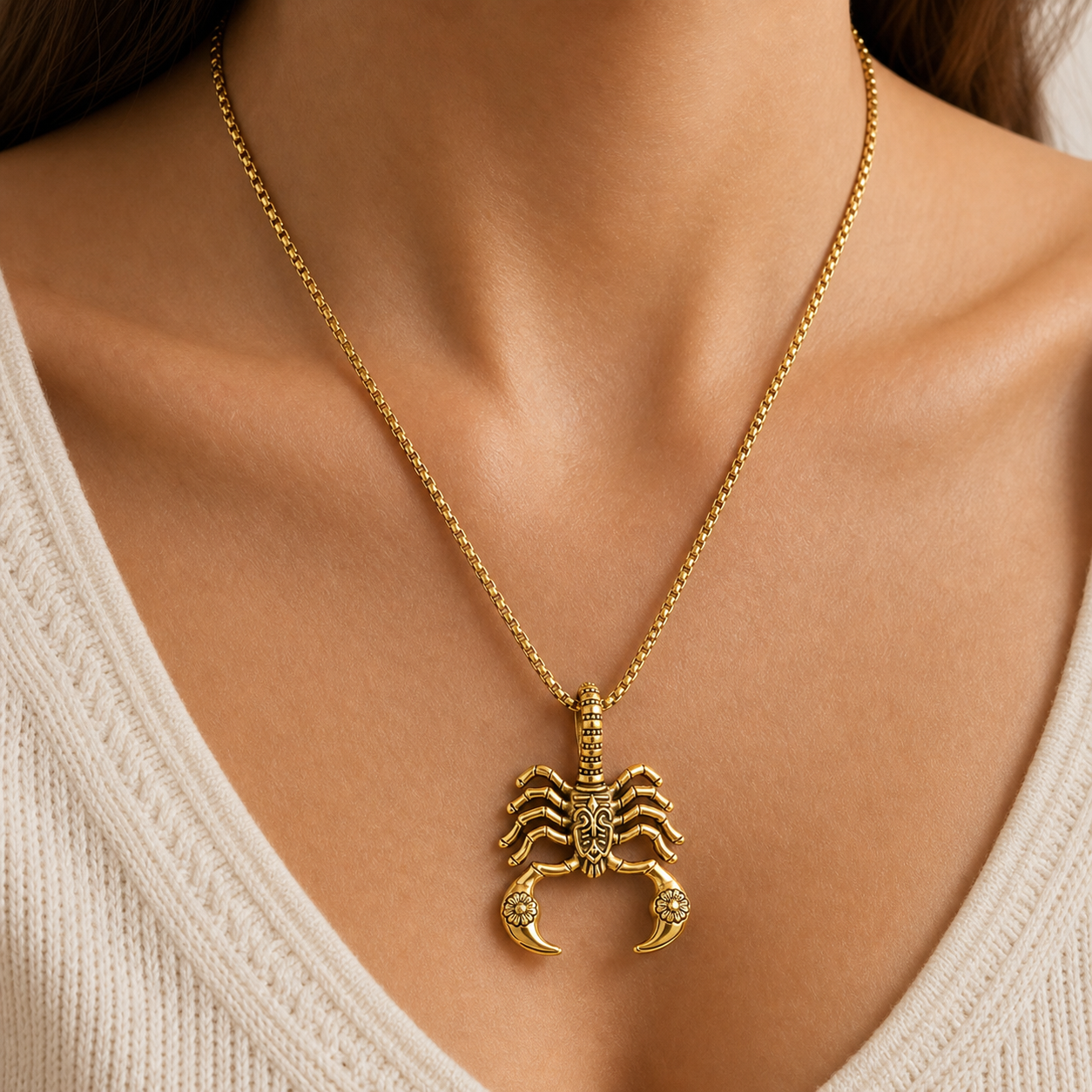 Gold scorpion pendant necklace shown at true scale on a model wearing a cream top