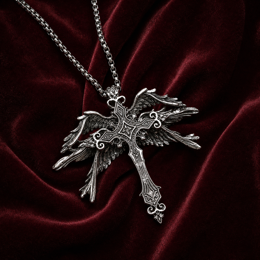 Gothic winged cross pendant necklace on rich burgundy velvet