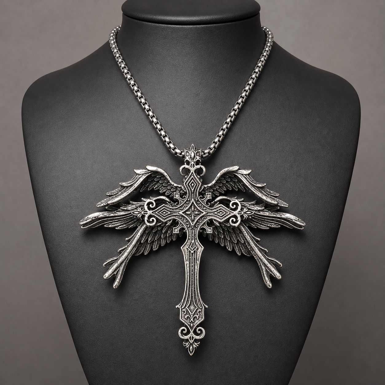 Gothic winged cross pendant necklace displayed on a charcoal jewelry bust