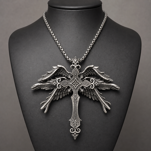 Gothic winged cross pendant necklace displayed on a charcoal jewelry bust