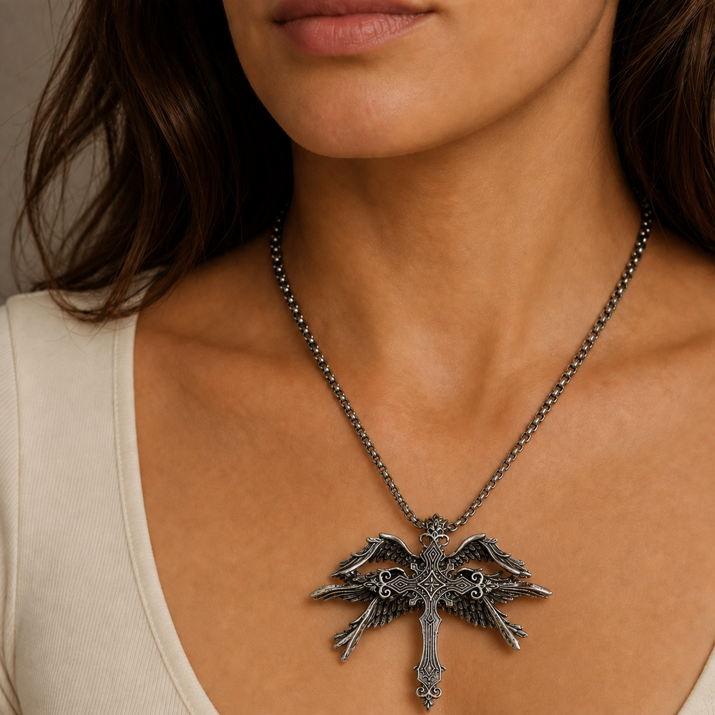 Gothic winged cross pendant necklace worn with a cream top at realistic scale