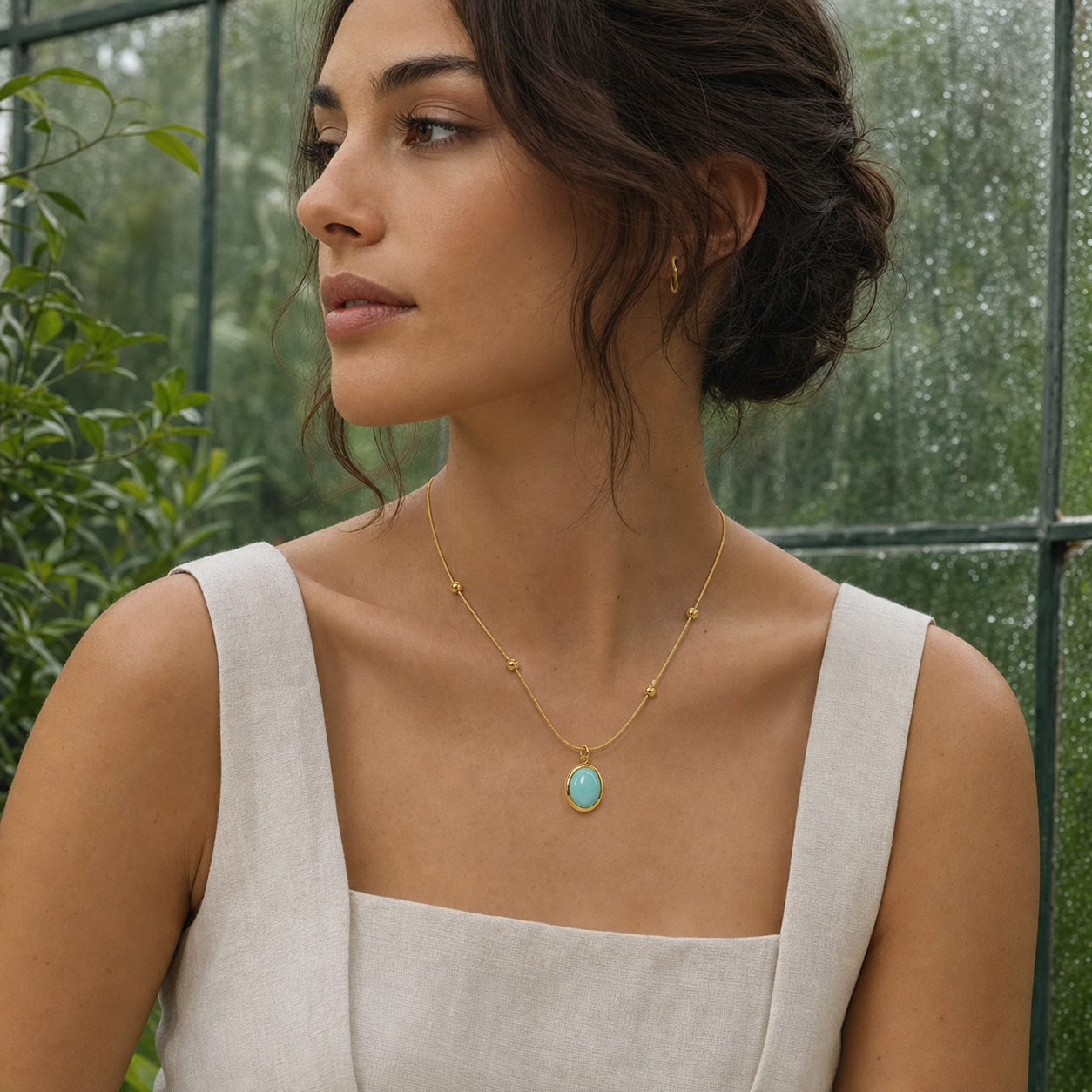 Green stone oval pendant necklace worn in a rainy conservatory