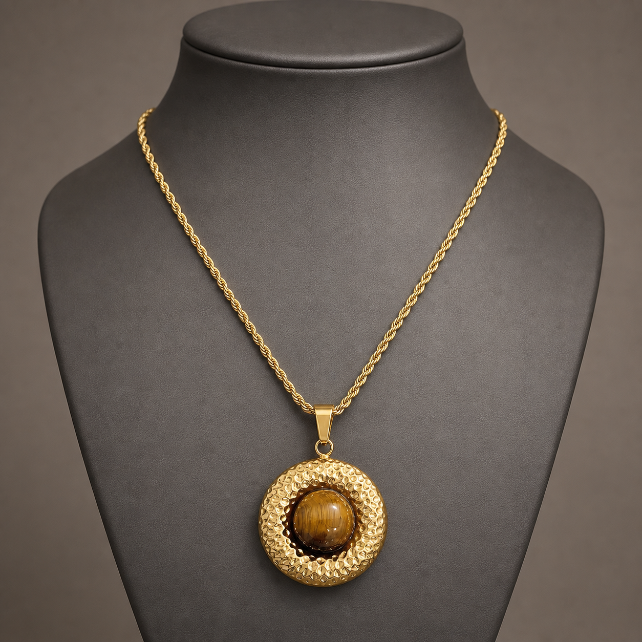 Hammered tiger-eye disc pendant necklace on charcoal jewelry bust