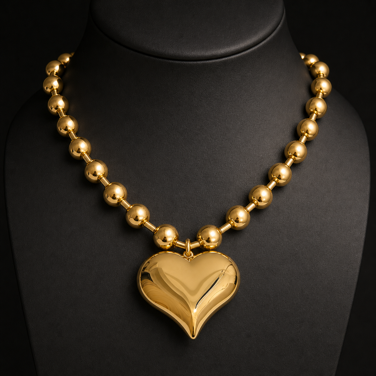 Polished gold heart and bead statement necklace on charcoal bust