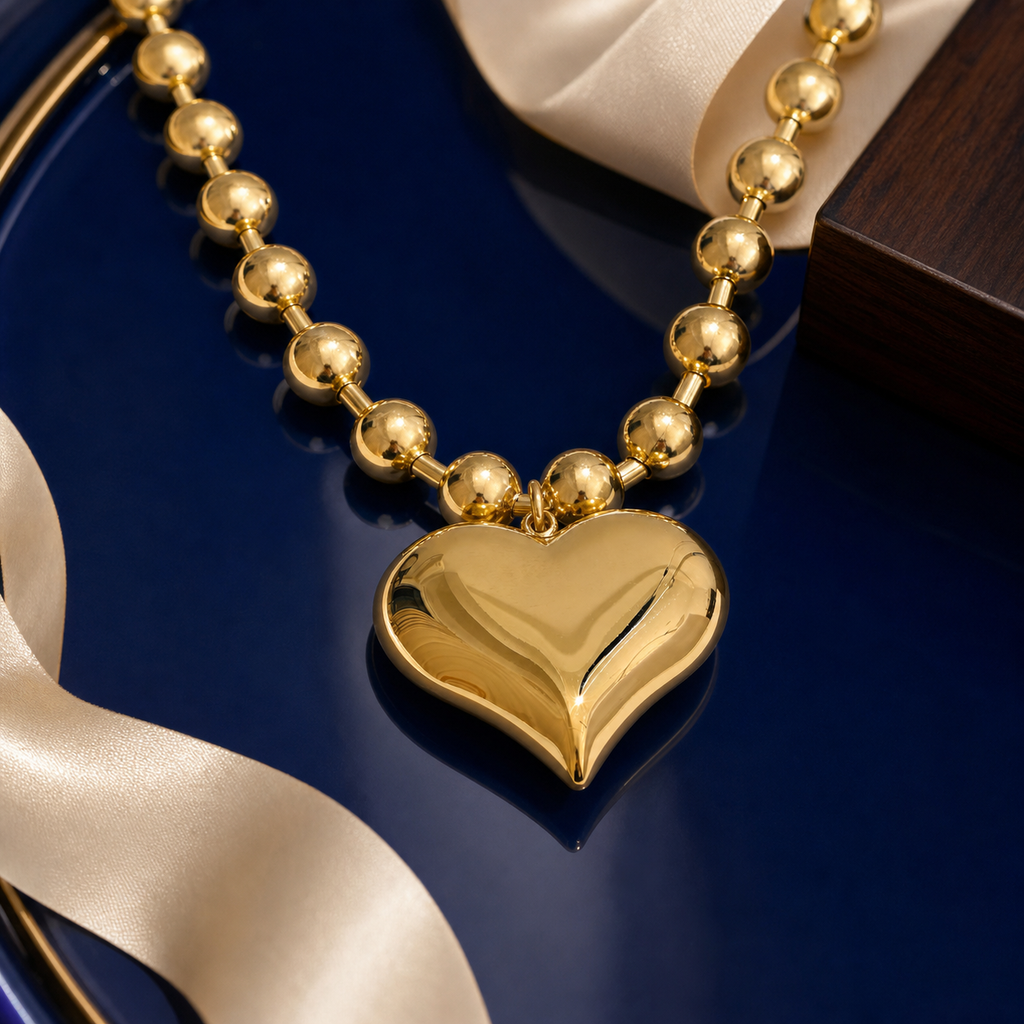 Polished gold heart and bead statement necklace on cobalt lacquer