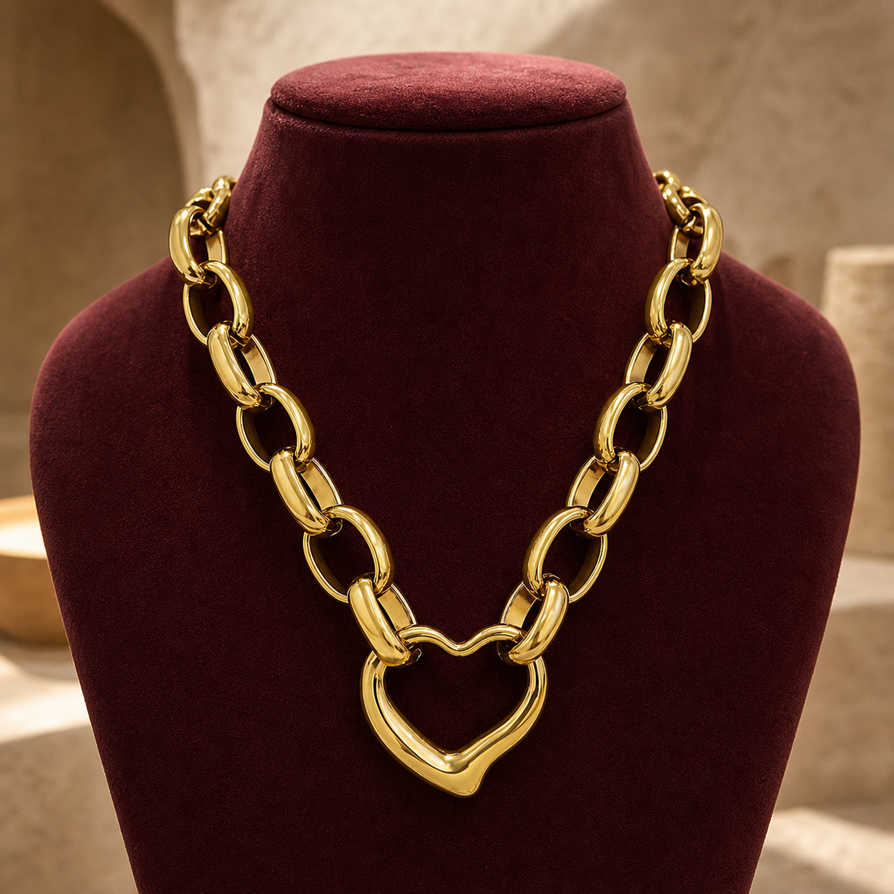 Irregular heart link-chain necklace on burgundy suede bust