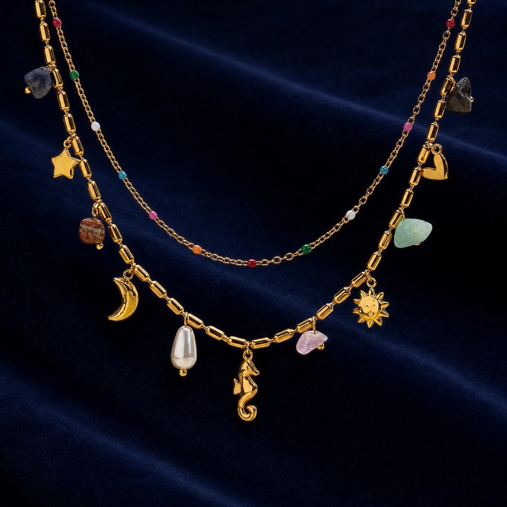 Natural-stone celestial layered necklace on midnight velvet