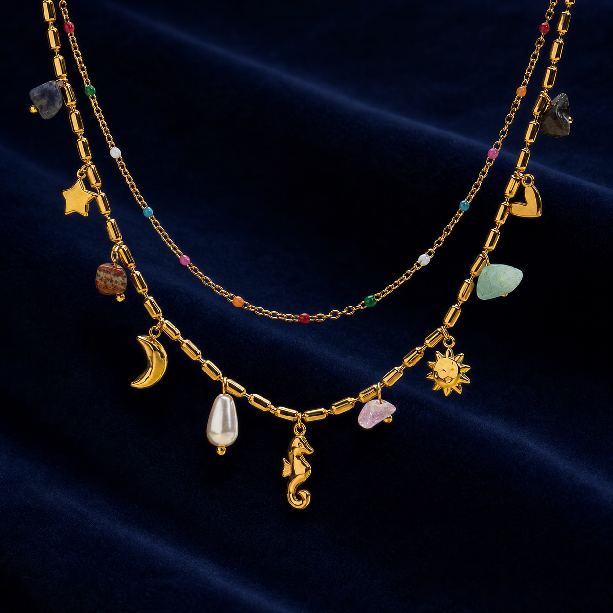 Natural-stone celestial layered necklace on midnight velvet