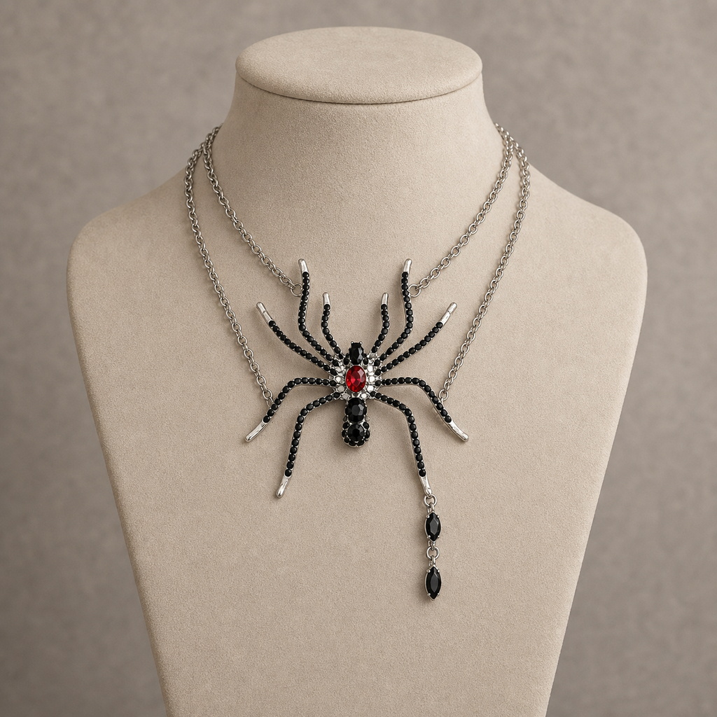 Layered gothic spider statement necklace displayed on a light taupe jewelry bust