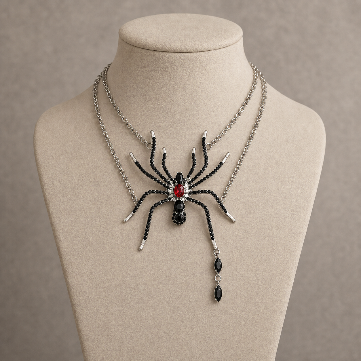 Layered gothic spider statement necklace displayed on a light taupe jewelry bust